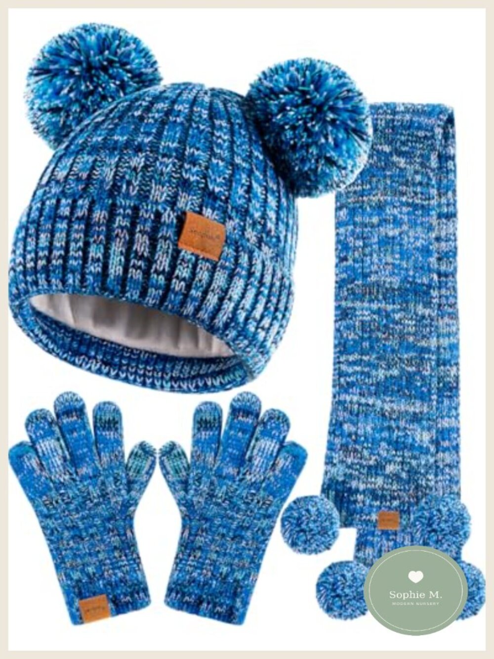 Kids Winter Hat Gloves Scarf Set Pom Beanie Neck Warmer Fleece Lined Acrylic